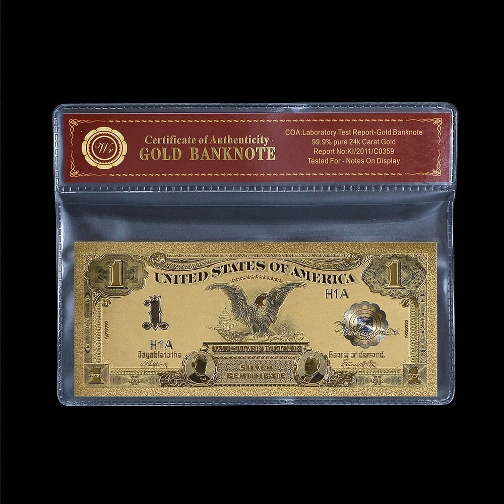 1899 US $1 Dollar Gold Foil Banknote Silver Certificate with bag and Certificate