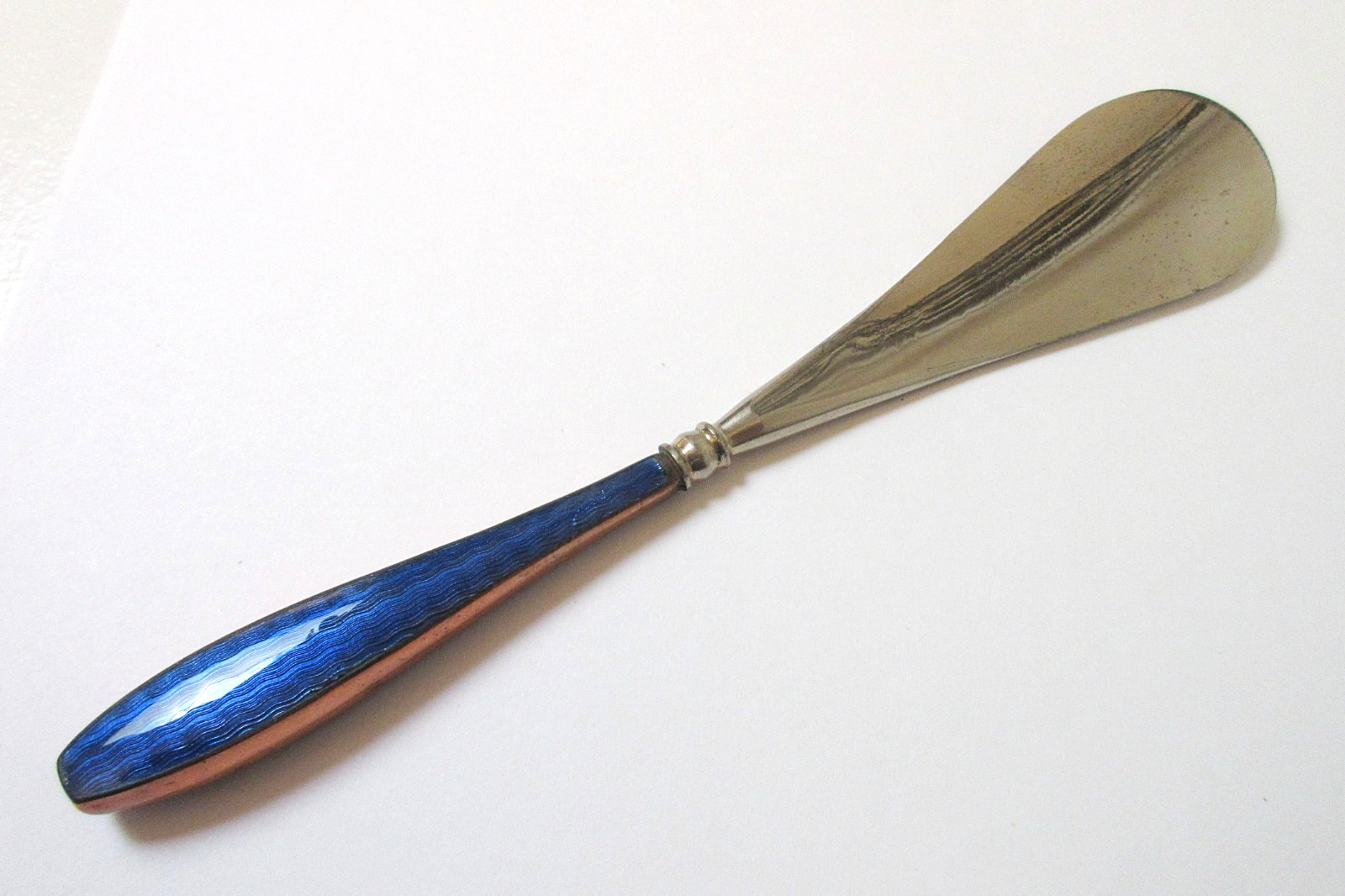 Antique Shoe Horn Sapphire Blue Guilloche Enamel