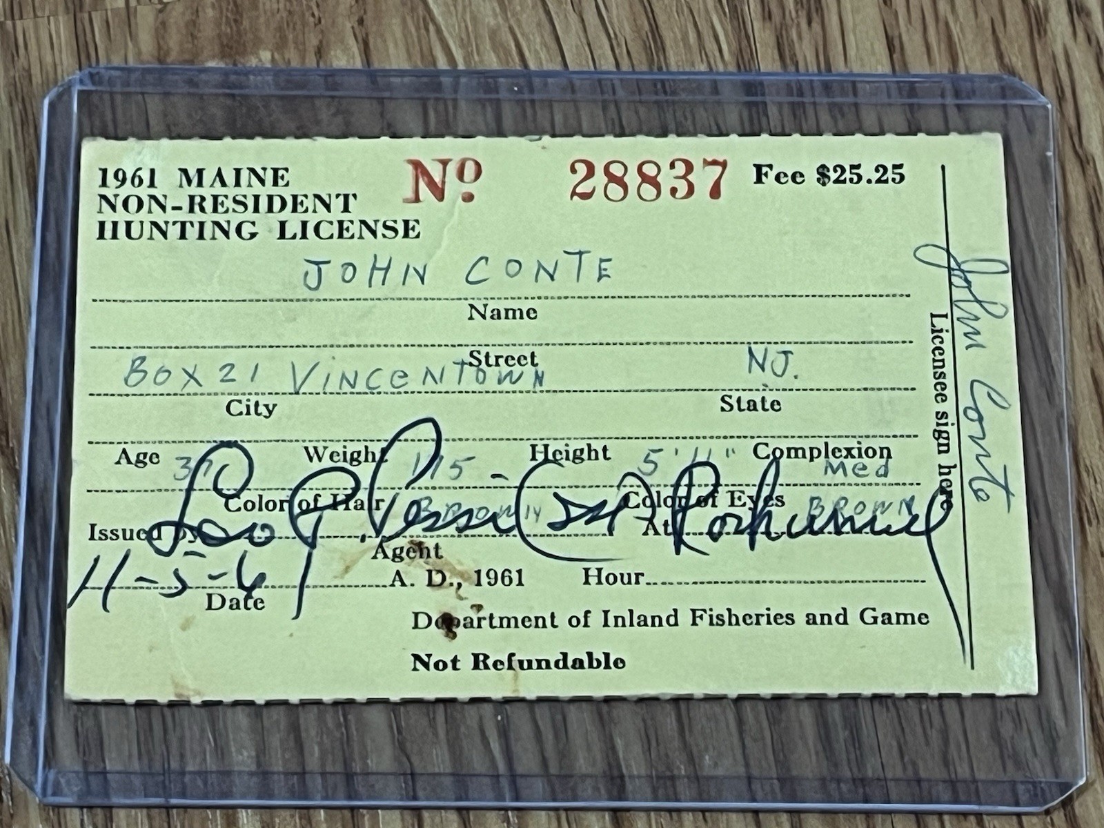 1961 MAINE NON-RESIDENT HUNTING LICENSE