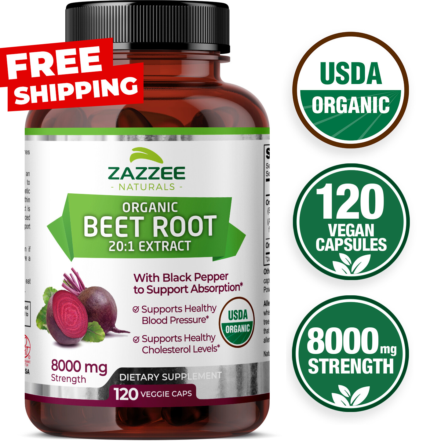 USDA Organic Extra Strength Beet Root 20:1 Extract 8000 mg Strength 120 Capsules