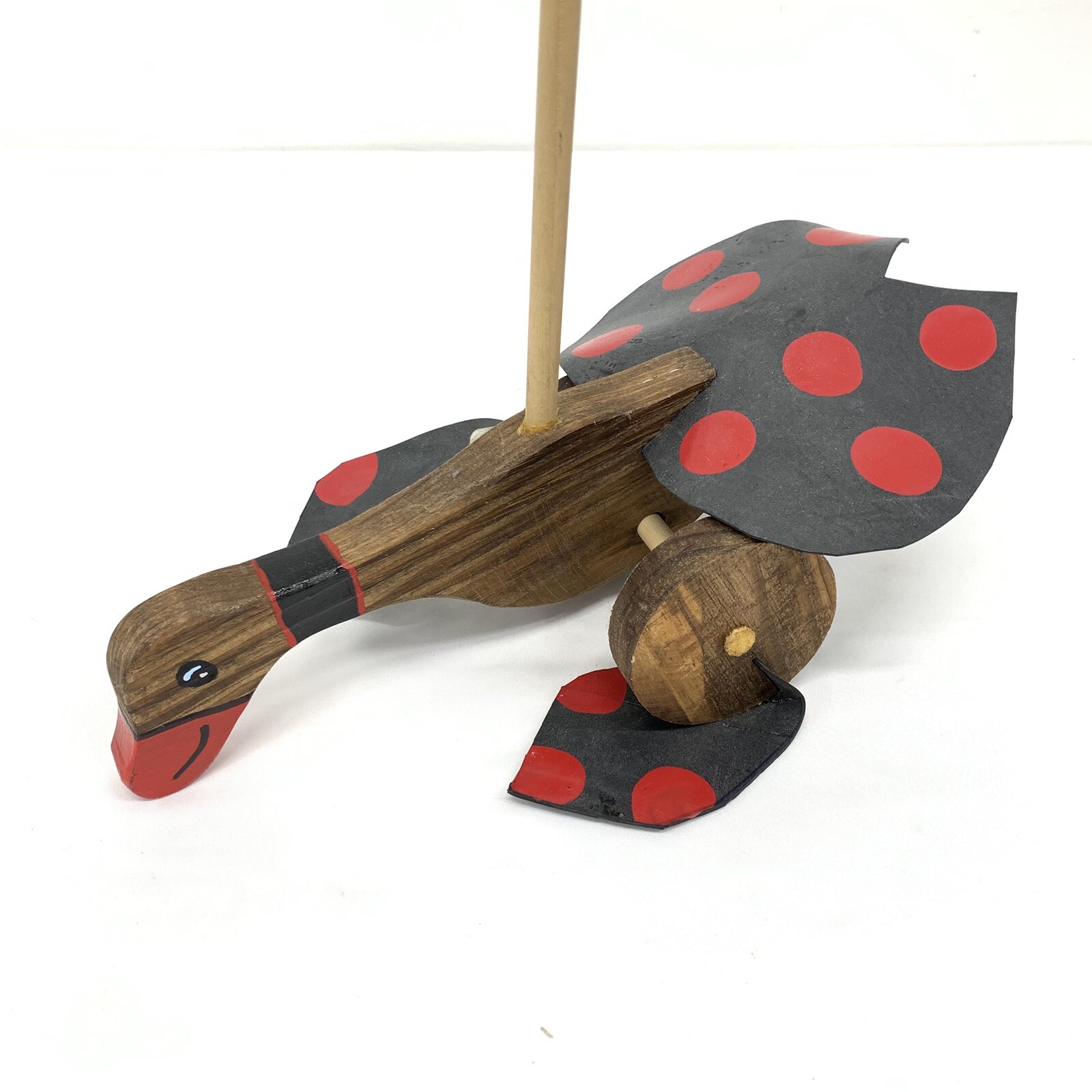 VTG WOOD PUSH WALKING DUCK RUBBER FLAPPY FEET ON STICK TOY 26” Hand painted Red