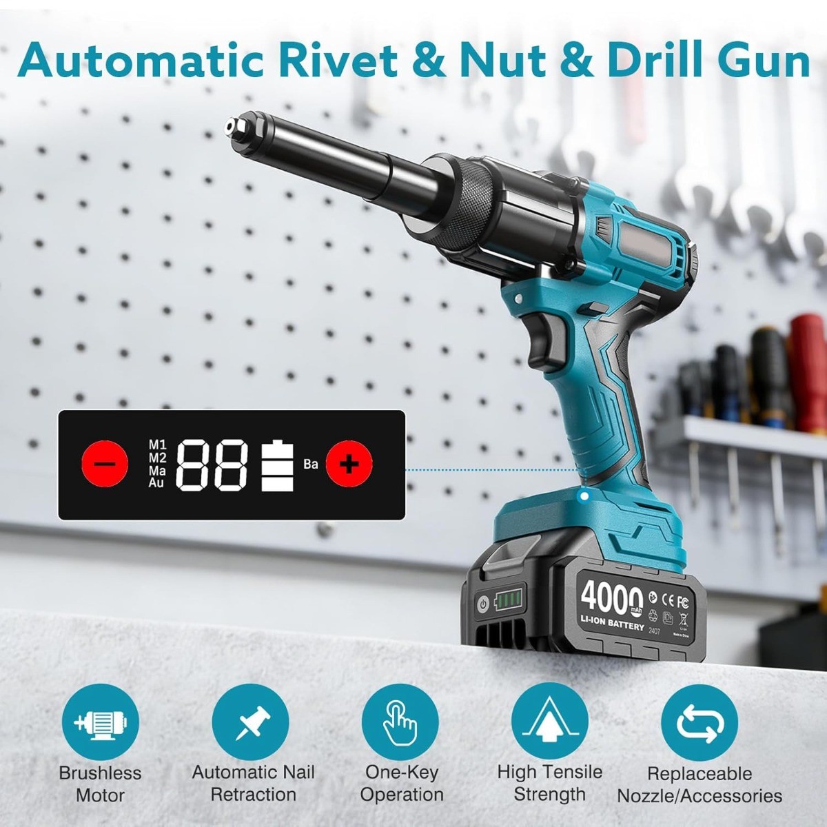 Seesii Cordless Rivet Nut Tool, Battery Powered Rivet Nut Gun fr Metric Nutserts
