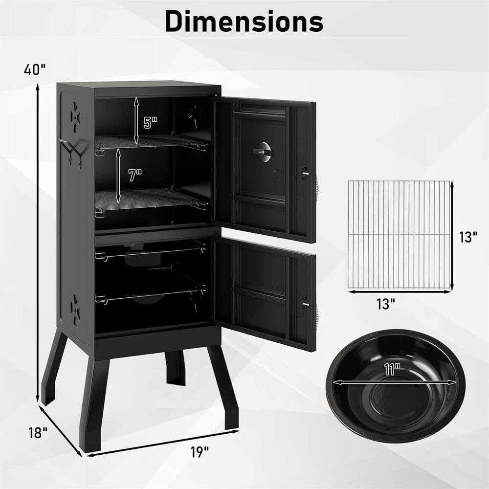 Vertical Charcoal Smoker BBQ Barbecue Grill with Temperature Gauge Outdoor Black