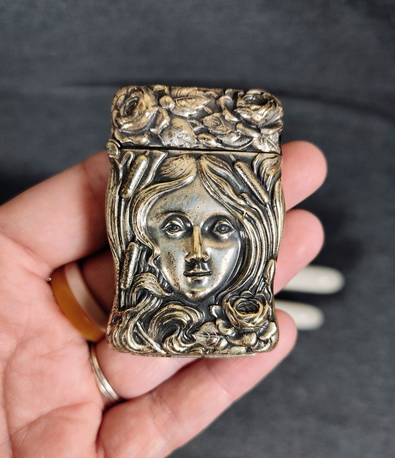1870's Antique German Silver Art Nouveau Woman Lady Match Safe Vesta