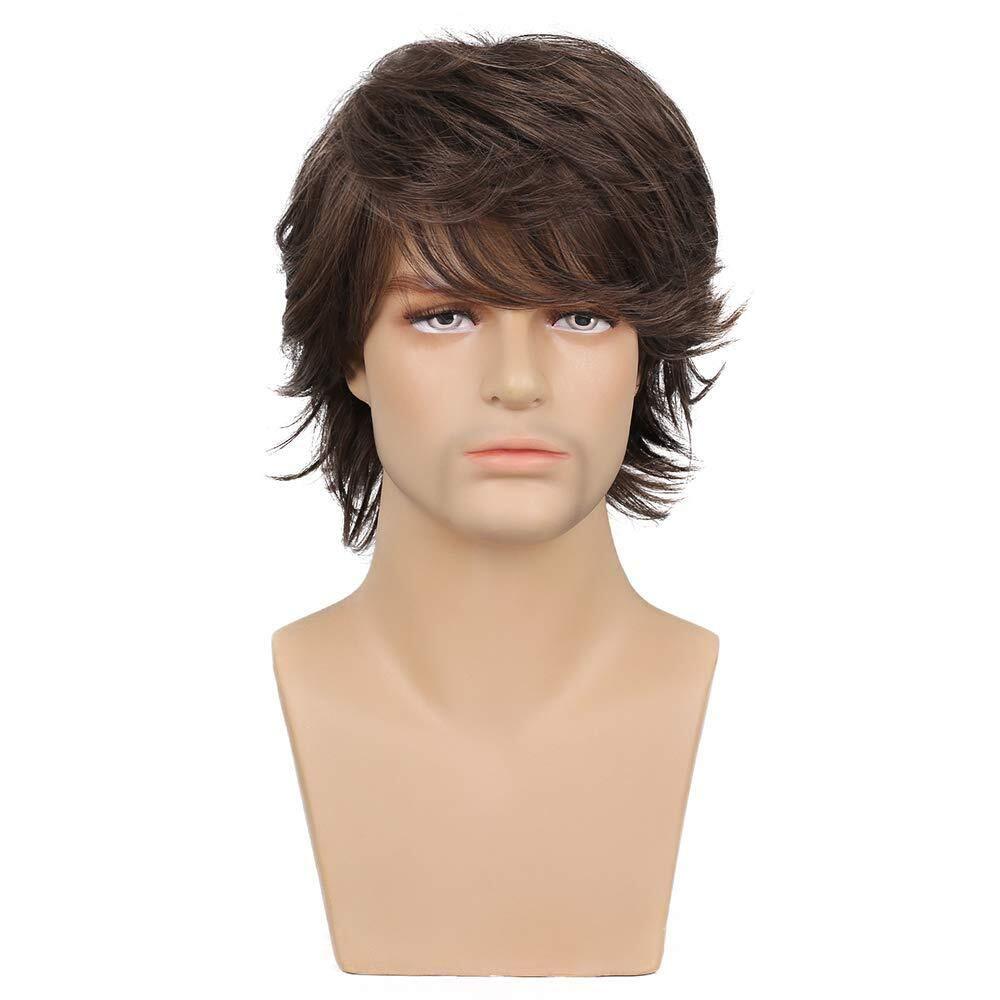 Men's Short Brown Wig Natural Fluffy Synthetic Hair Wig Heat Resistant Daily USA
