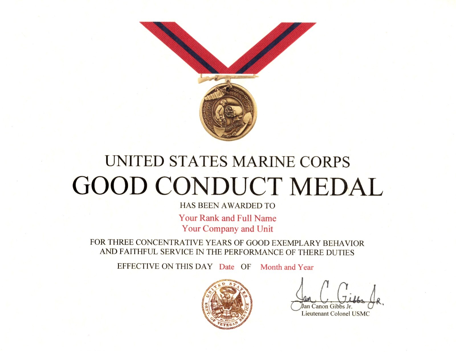 United States Marine Corps Good Conduct Medal Replacement Certificate