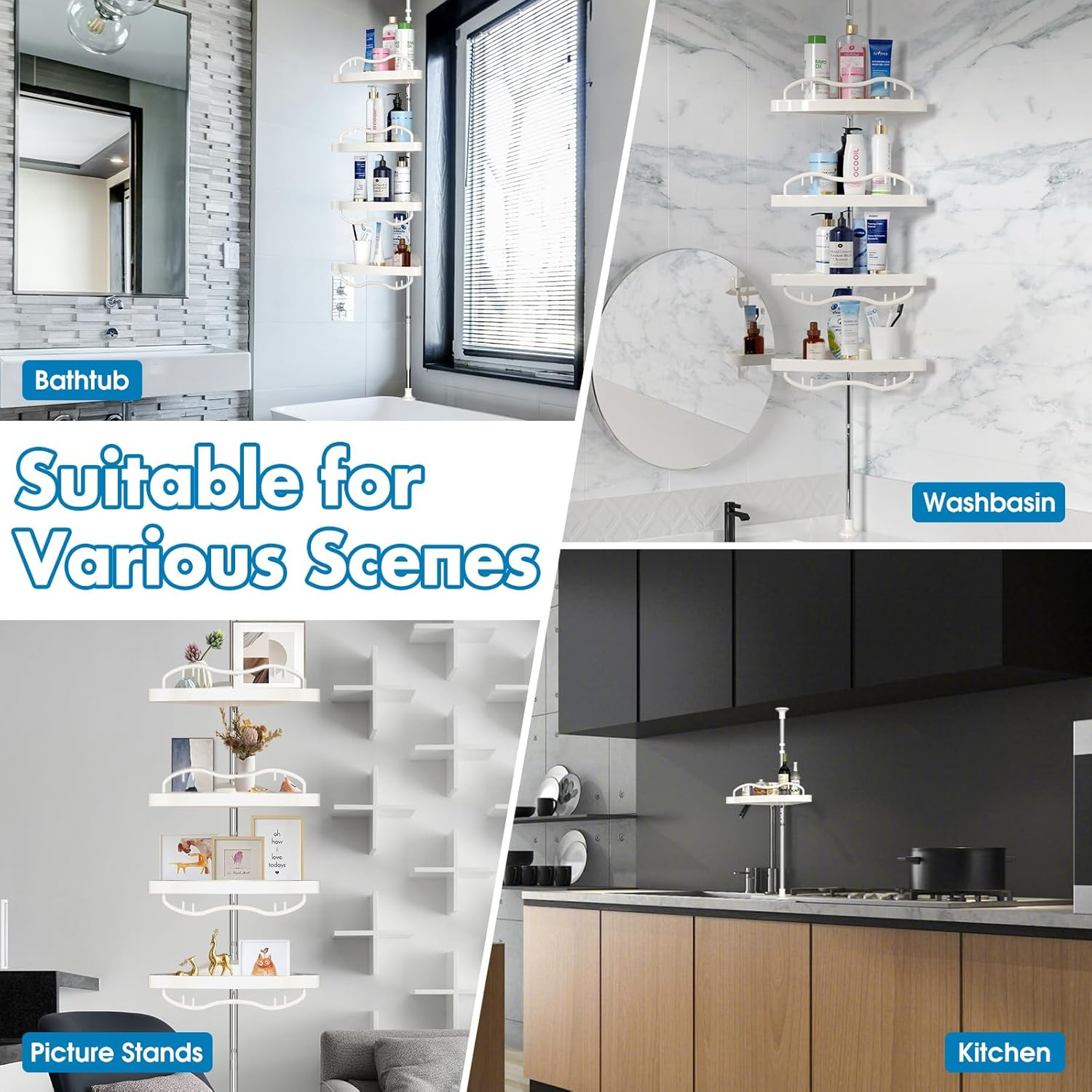 39"-125" high Tension Pole 4 Tier shower caddy shampoo soap Rack holder shelves