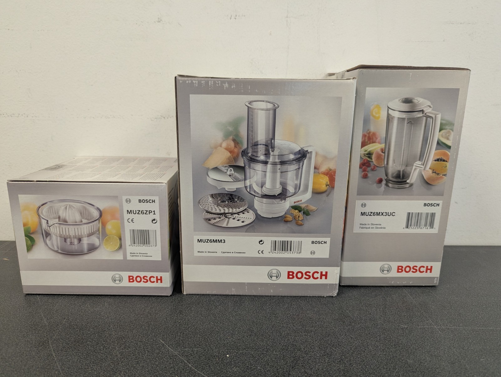Bosch 3pc Bundle, Universal Mixer, Plastic Mixer Attachment, Citrus Press, New