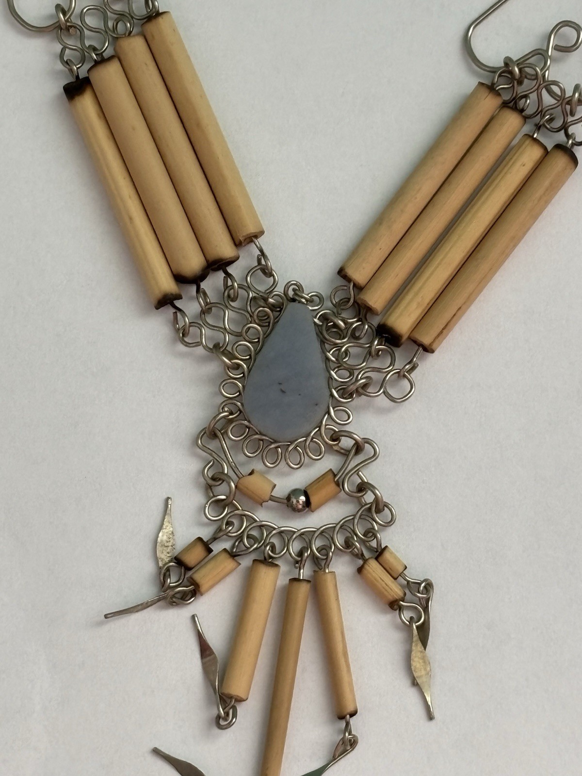 Blue Semi-Precious Stone Bamboo Silver Necklace 18"