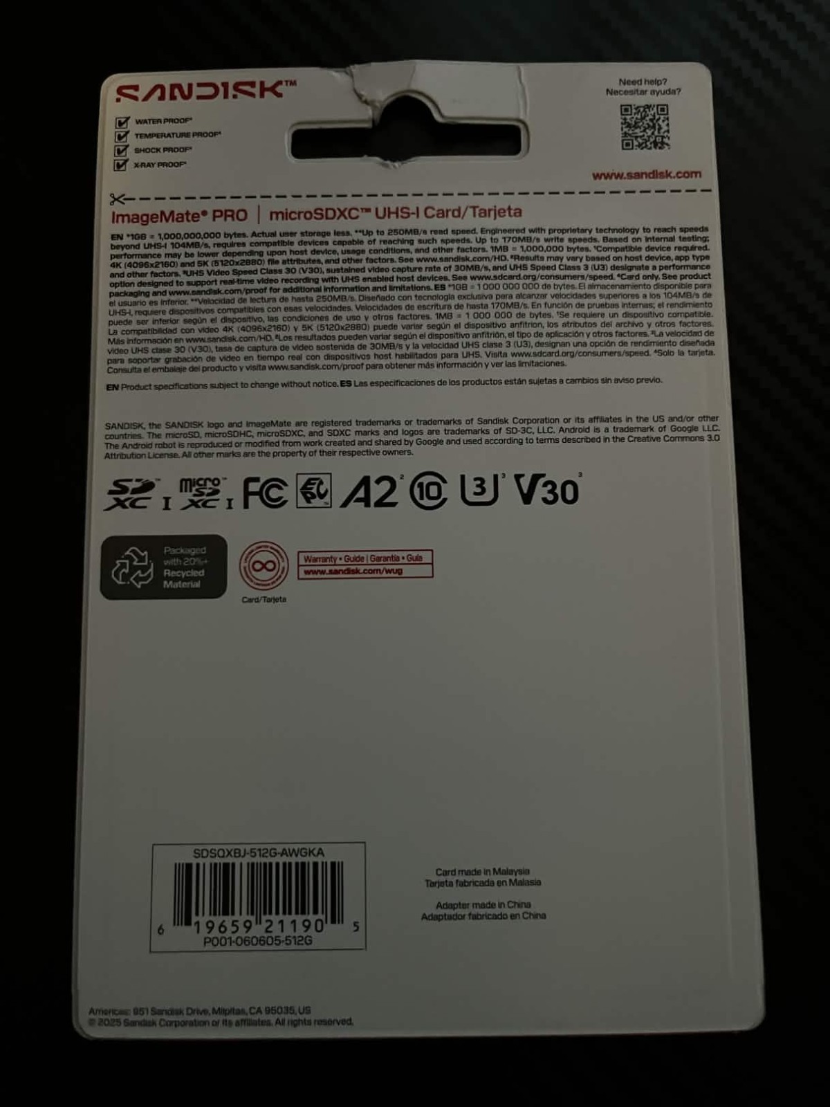 512GB SanDisk ImageMate PRO microSDXC UHS-I Card SDSQXBJ-512G-AWGKA A2 V30 Class