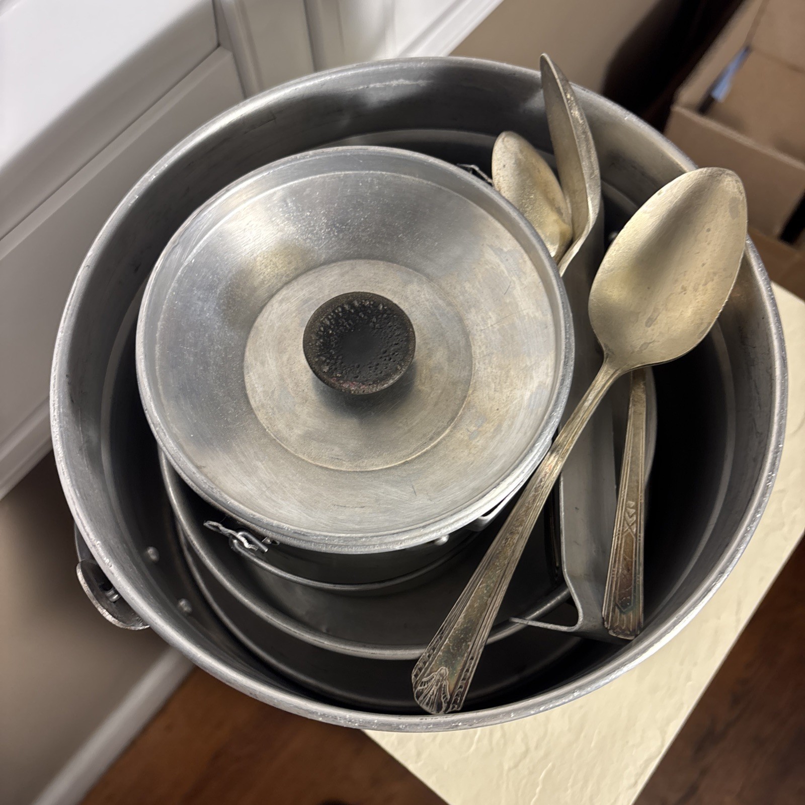 Vintage Aluminum Nesting Camping Mess Set Cooking Pots Plates Cups Set 4 Japan