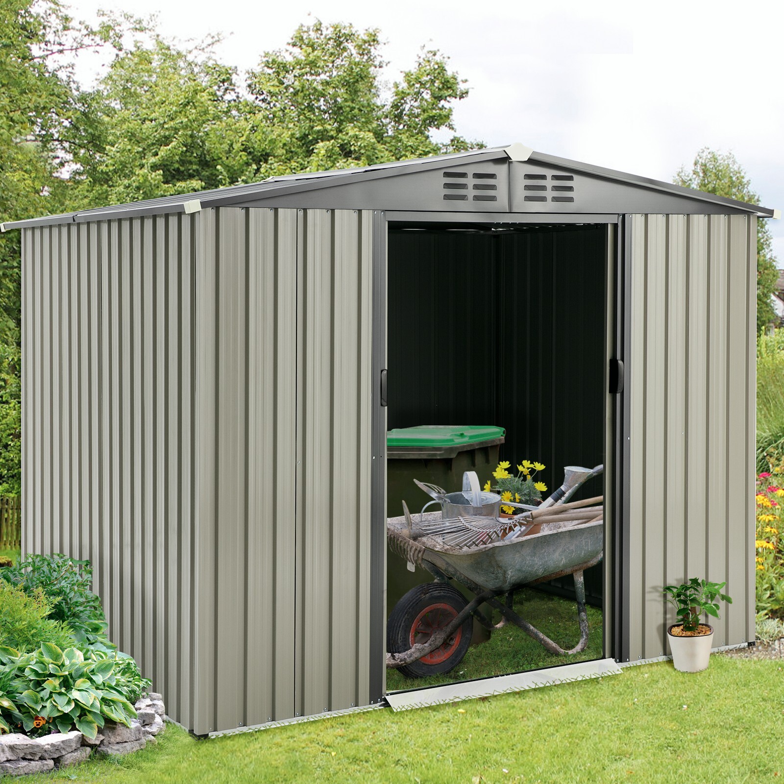 YODOLLA Outdoor Metal Storage Shed Sliding Door Garden Tool Shed