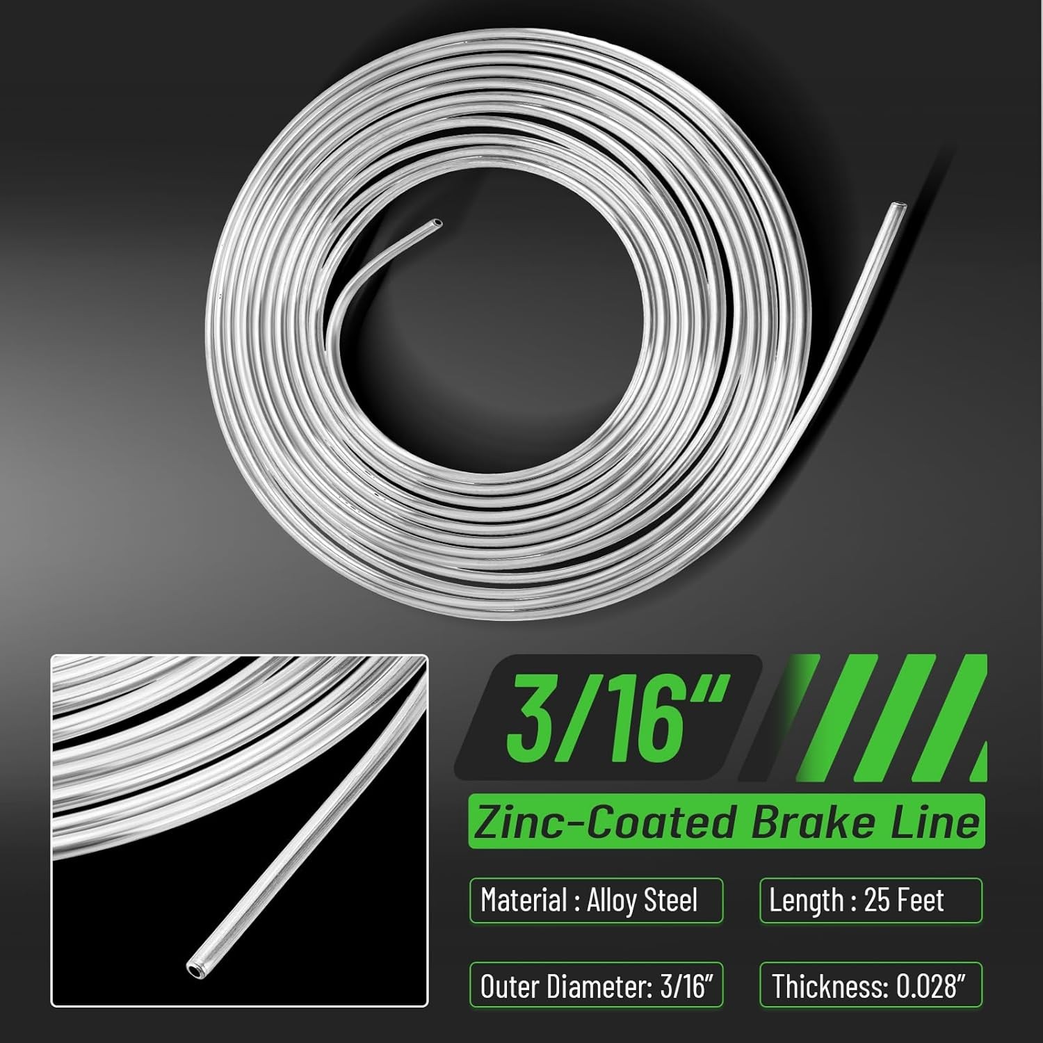 25Ft 3/16" Zinc-Coated Brake Line Kit (Include 16 Fittings, 2 Unions and 4 Nuts)