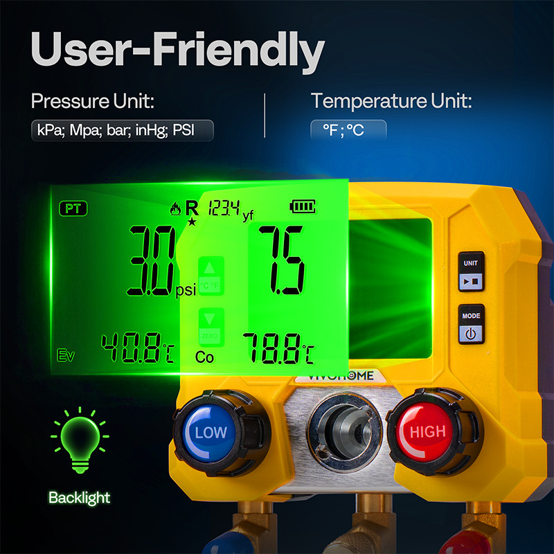 Refrigeration Digital AC Manifold Gauge Set 3 Way HVAC Gauges for R1234yf R134a