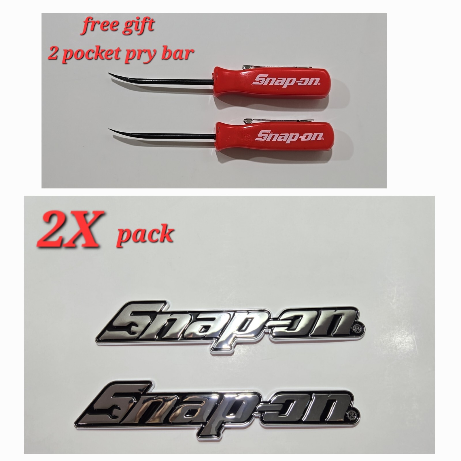 2PK SNAP ON TOOL BOX LOGO EMBLEM Chrome Plastic Badge Decal 8"+2 RED Pry bar !!!