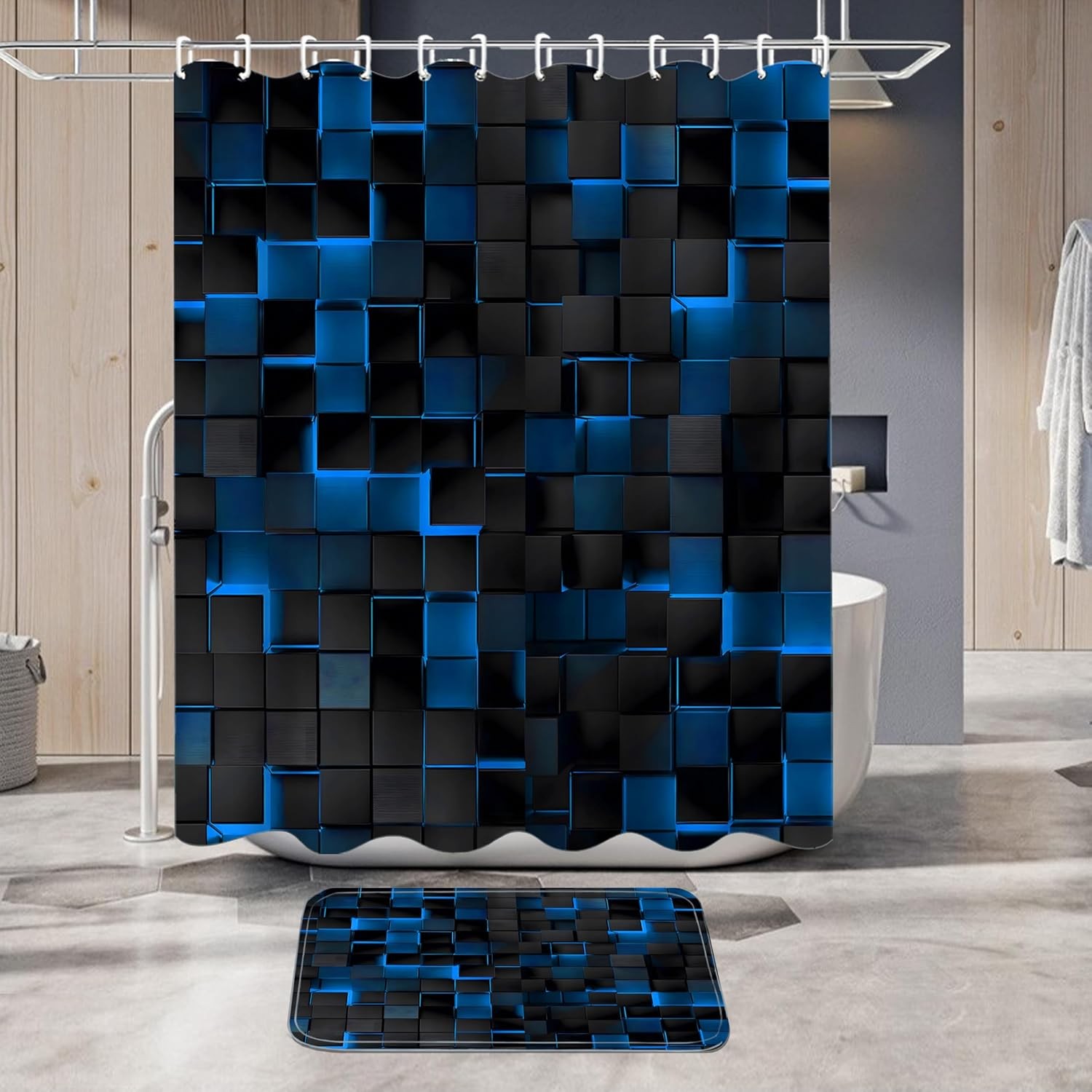 Shower Curtain Set Blue 3D Cubes - Bathroom Sets