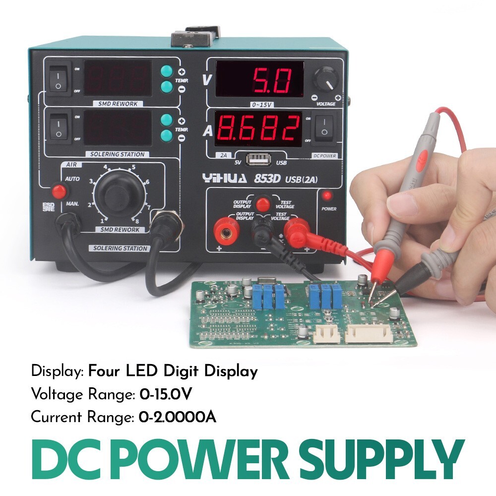 YIHUA 853D 800W 3-IN-1 Multi Station Iron Hot Air Gun 2A USB DC Power Supply