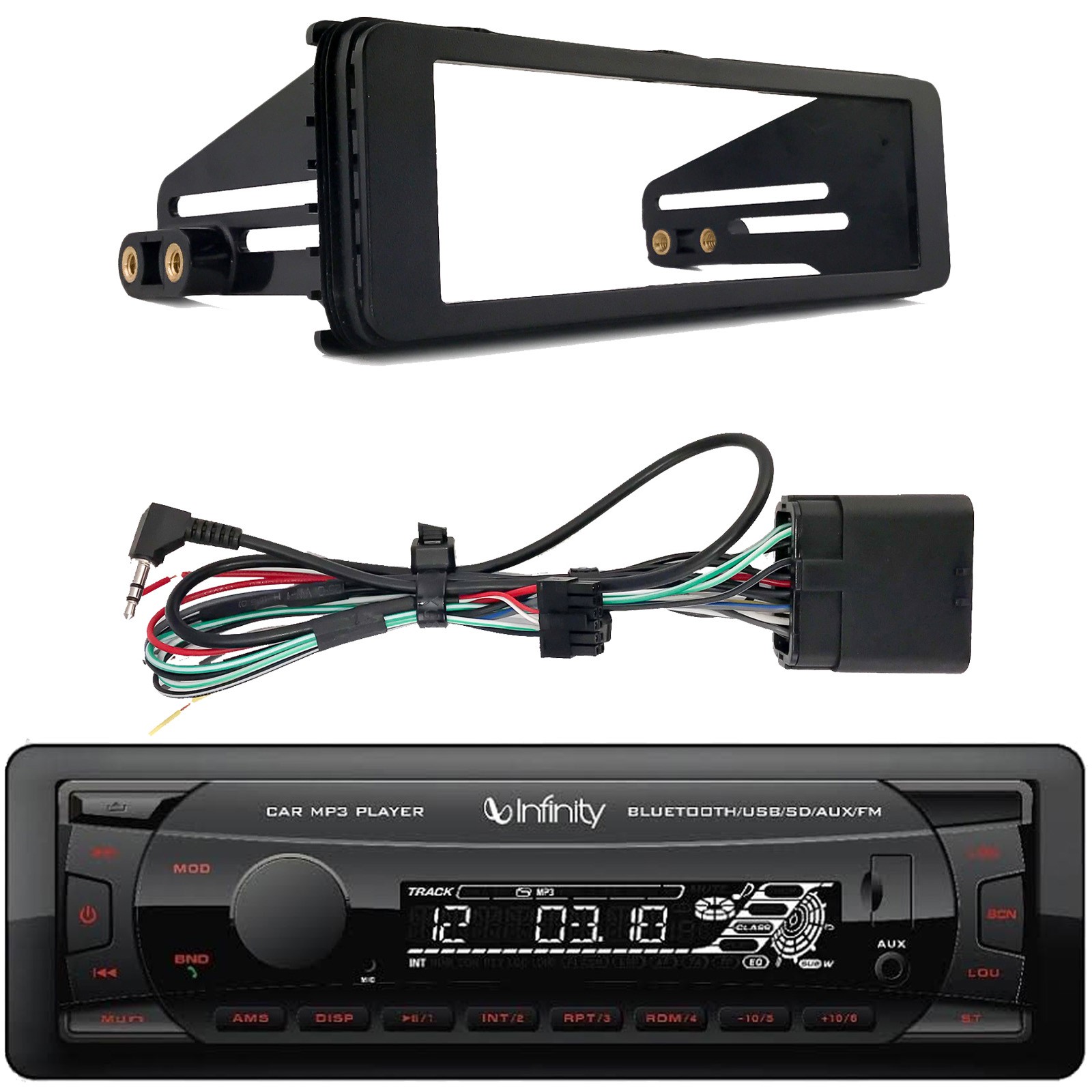 Infinity Alpha 100 Single DIN Bluetooth Receiver w/ Harley Radio Install Kit