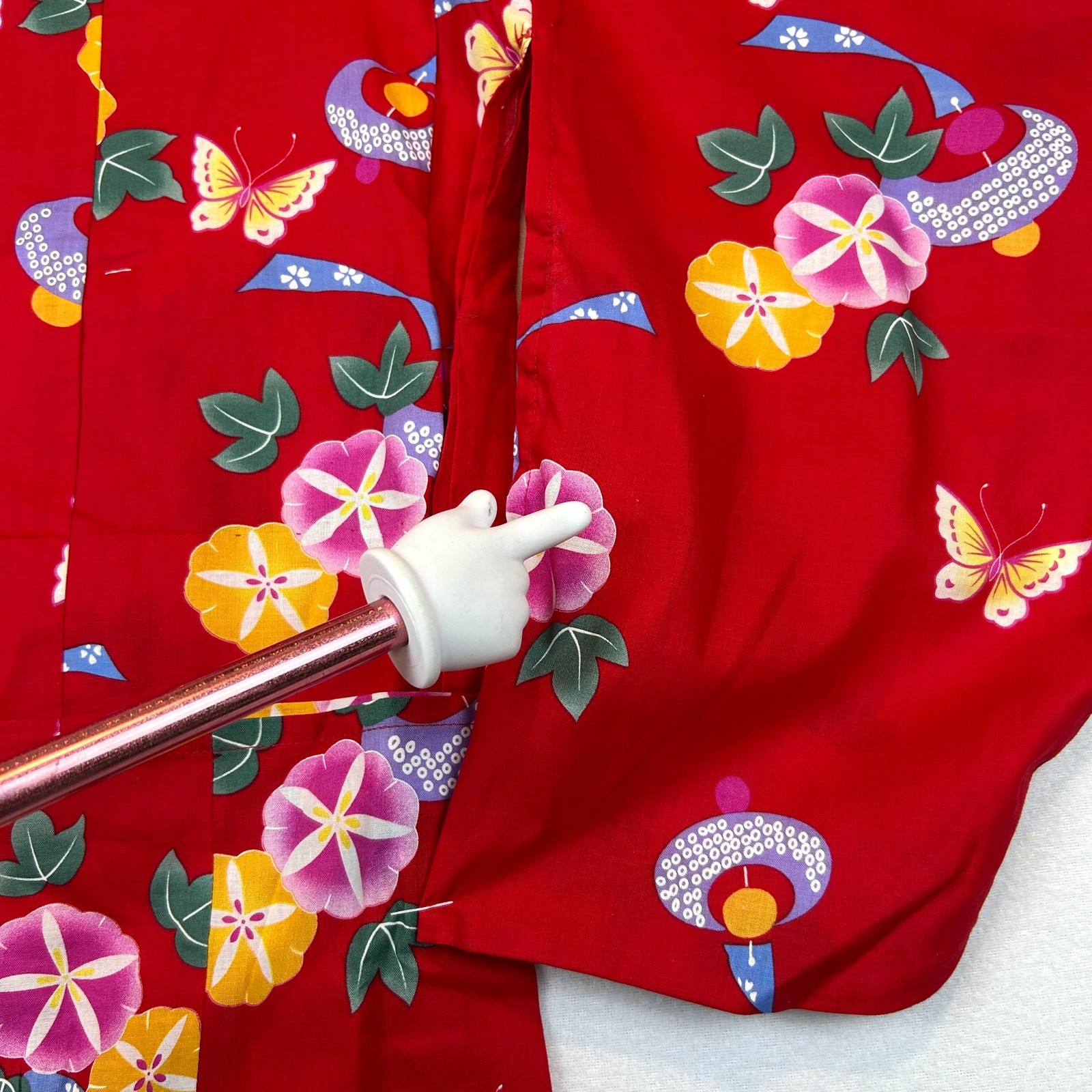 Japanese Summer Yukata Kimono Girls 32”L Red Floral Butterfly New 100% Cotton