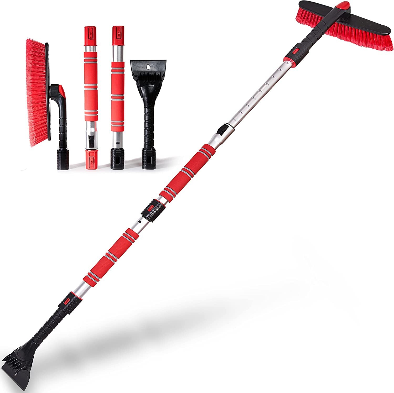 62" Portable Extendable Snow Brush and Ice Scraper 360° Pivoting Brush Head