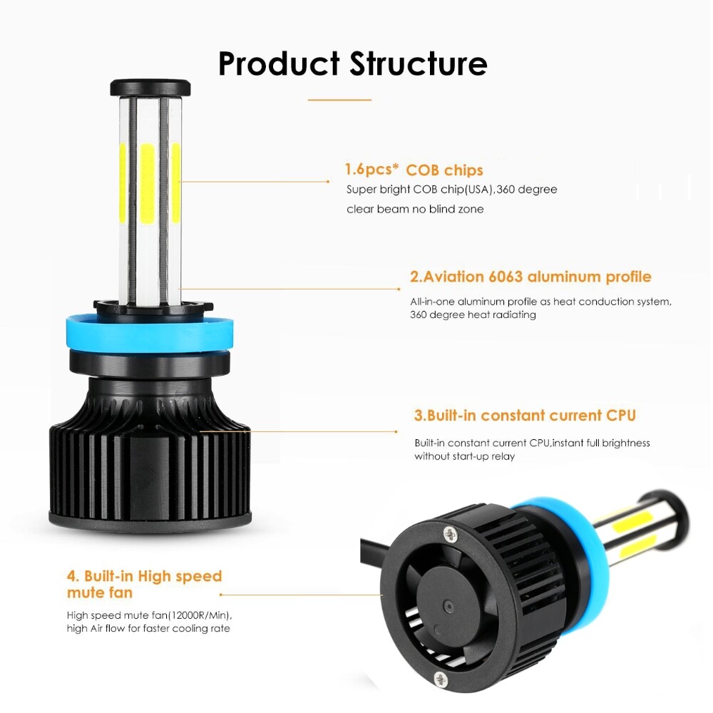 6-Sides H11 H9 LED Headlight Bulbs Low Beam Super Bright 15000W 2500000LM White