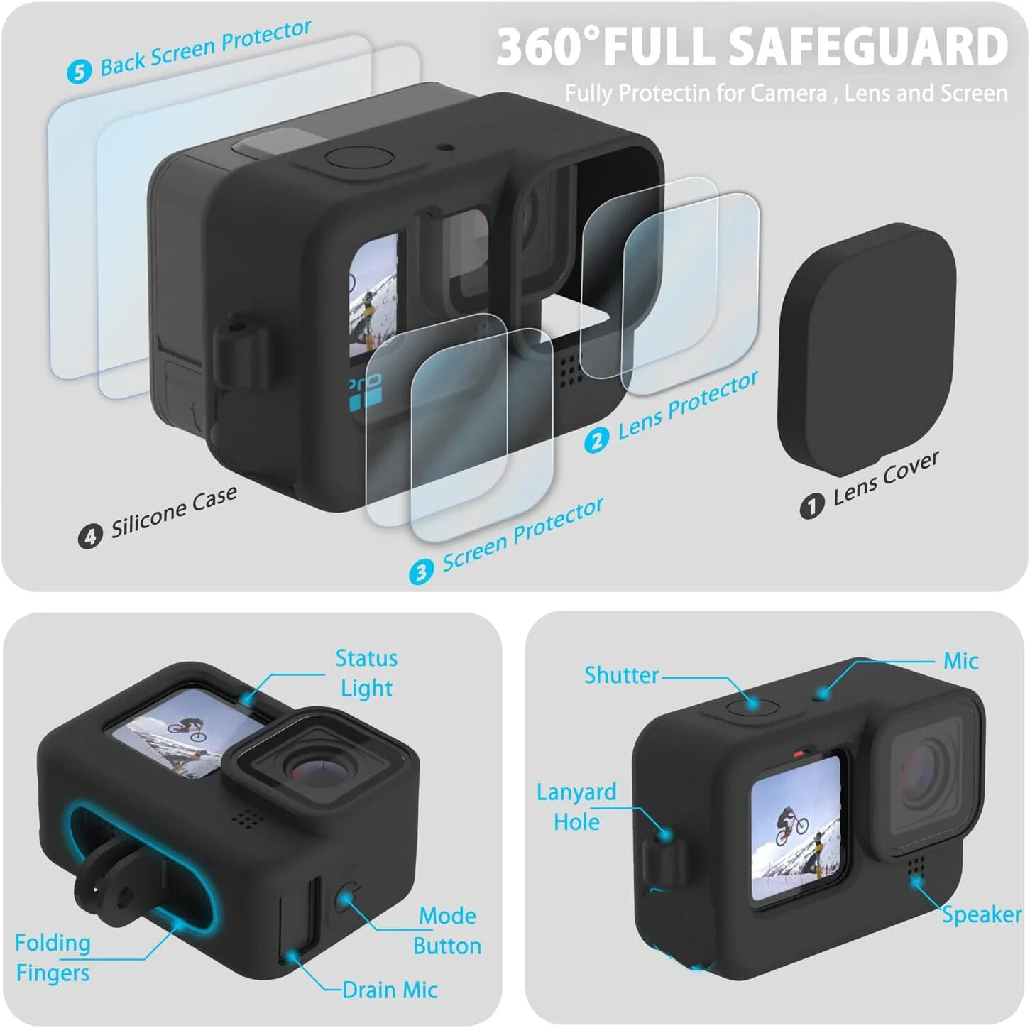 Black Silicone Case for GoPro Hero 12/11/10/9 Screen Protectors Lens Caps Kit