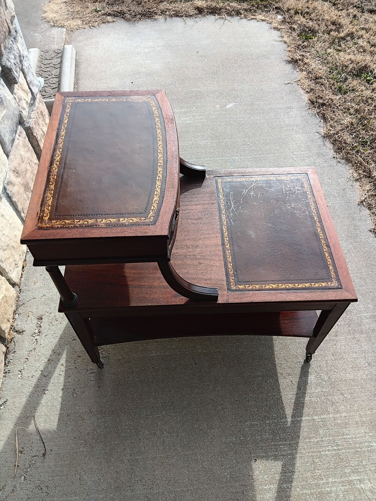 Walnut Carolina Co. Step End Table With Leather Top Drawer And Caster Wheels