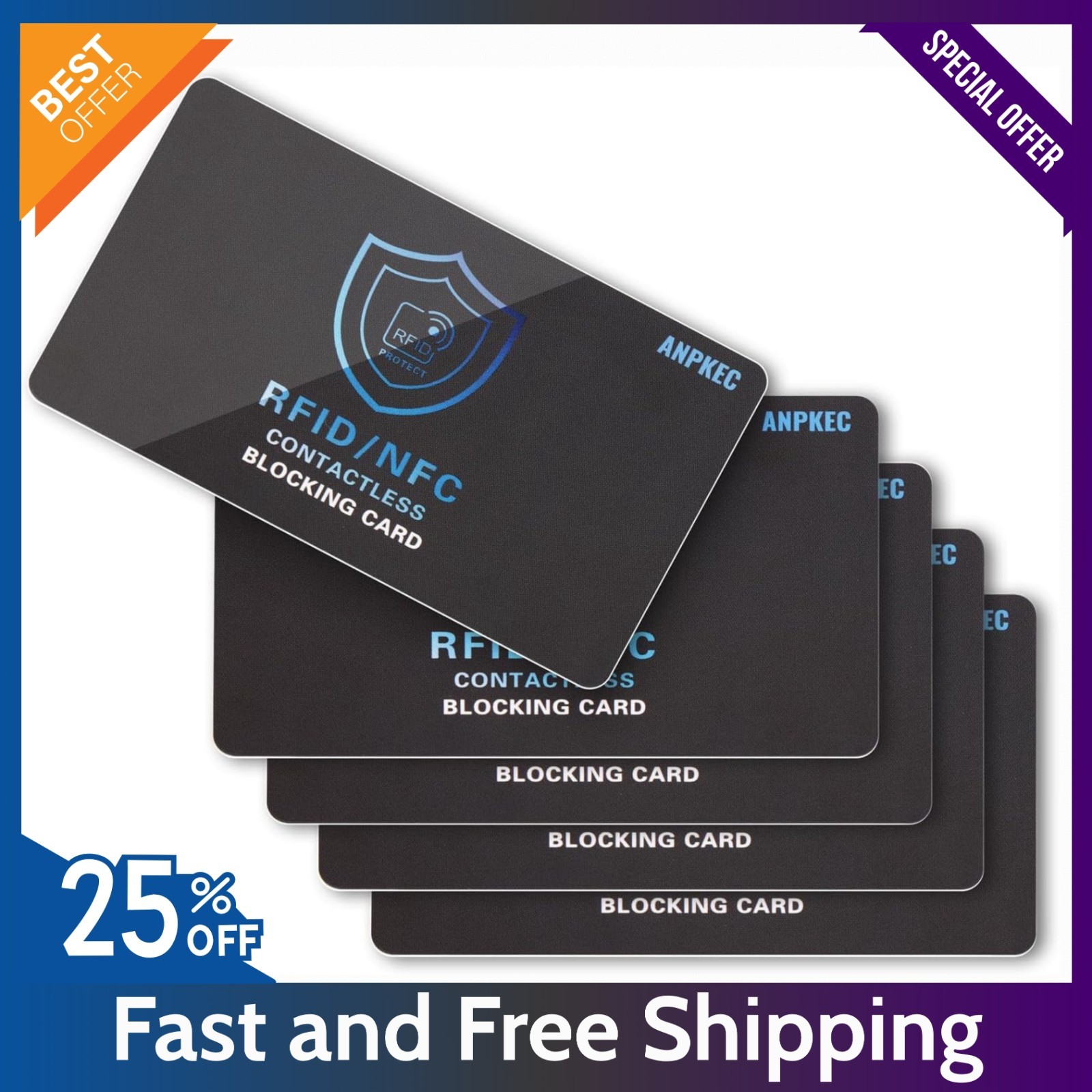 5 Pack RFID Blocking Card – Protects Entire Wallet, NFC Debit & Credit Cards New