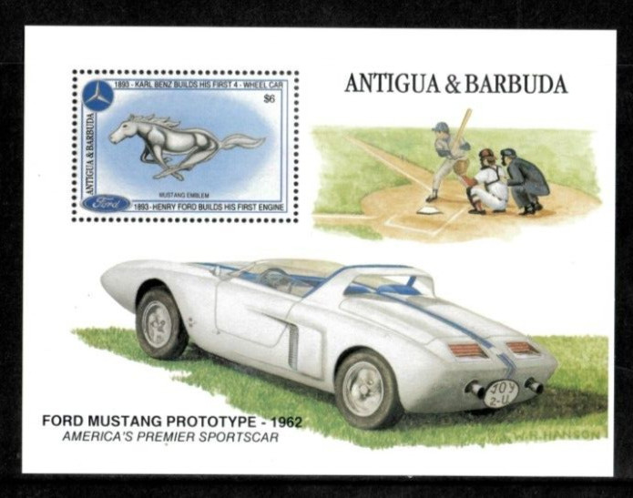 Antigua 1993 - Car, Mustang Baseball - Souvenir Stamp Sheet - Scott #1740 - MNH