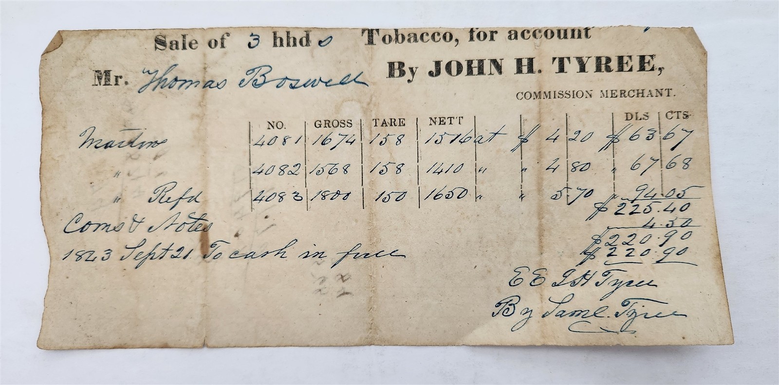 1823 antique JOHN H TYREE lynchburg va TOBACCO COMMISSION RECEIPT THOMAS BOSWELL
