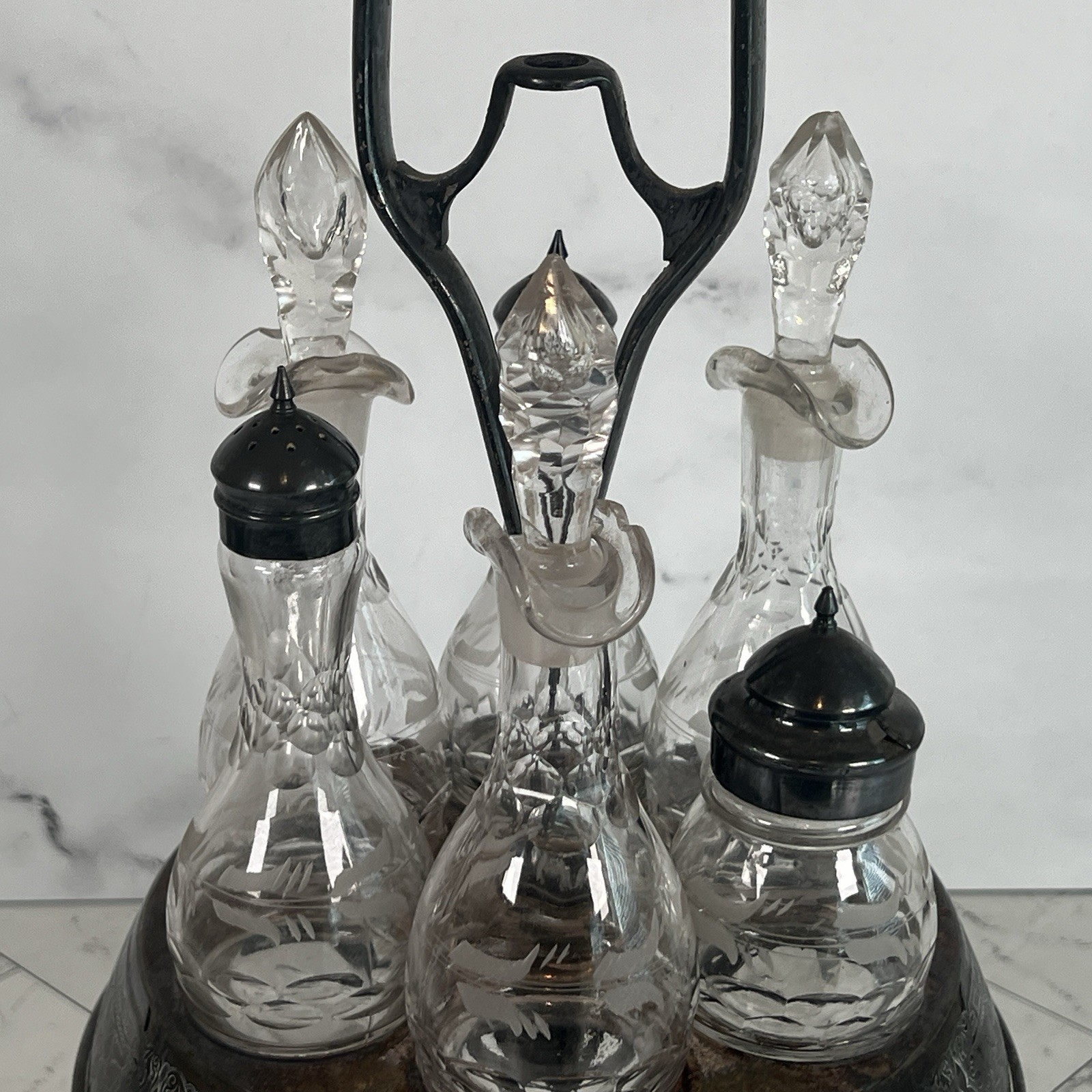 Antique 1800's Wilcox Silver Plate Cruet Condiment Set #0578 6 Etched Bottles