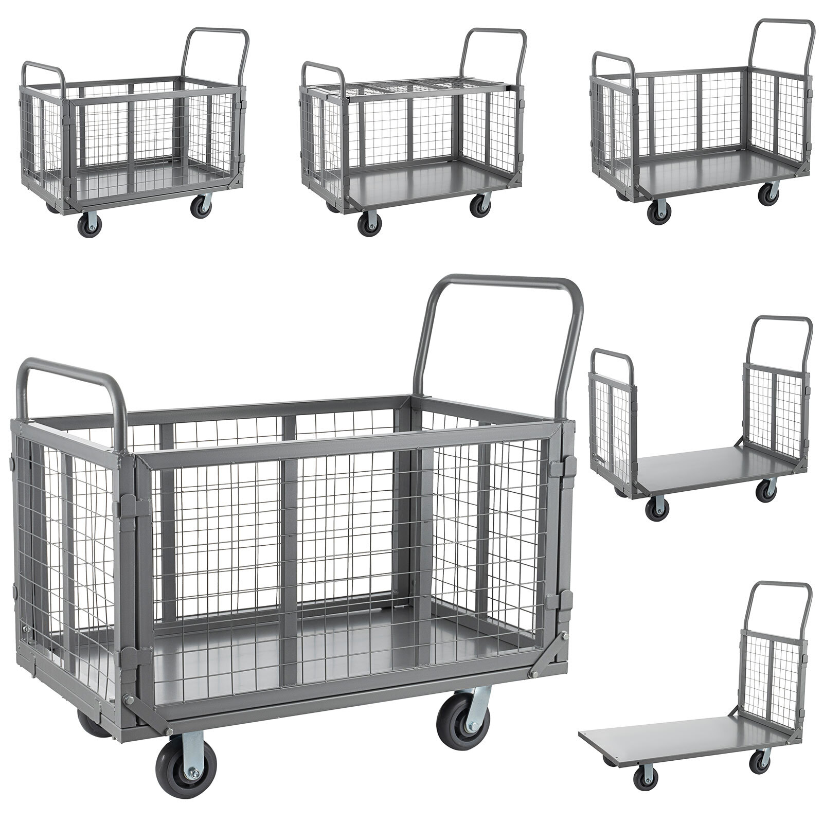Platform Truck Cart with Cage 5 in 1 Heavy Duty Push Cart Dolly with 5" Casters