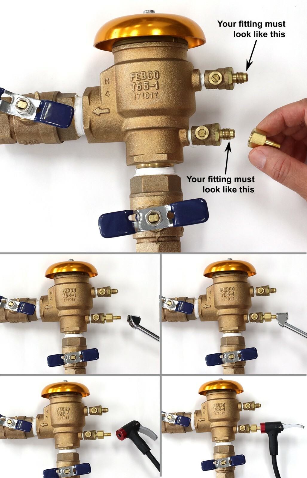 Schrader Valve to SAE 45-degree Flare | Winterize Backflow Preventer & Sprinkler