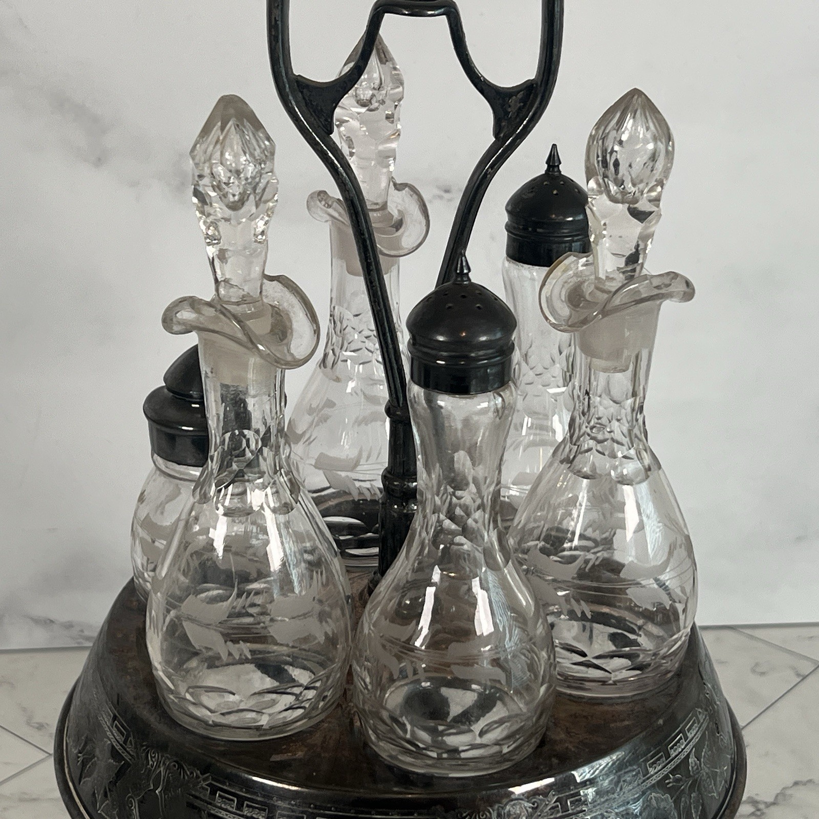 Antique 1800's Wilcox Silver Plate Cruet Condiment Set #0578 6 Etched Bottles
