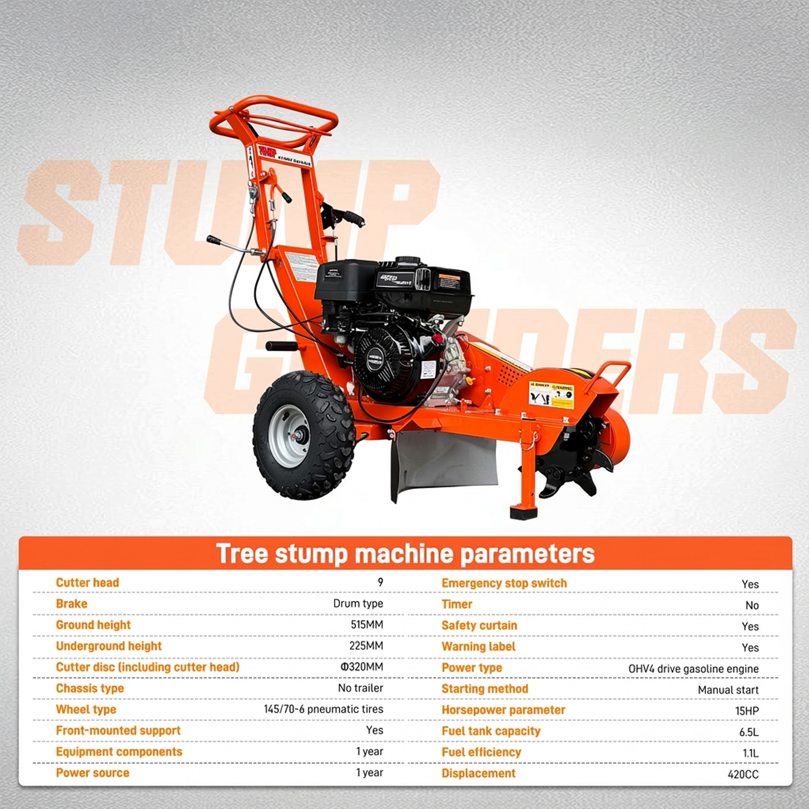15HP Stump Grinder 420cc 15'' Cutting Height 10'' Cutting Depth Stump Grinder