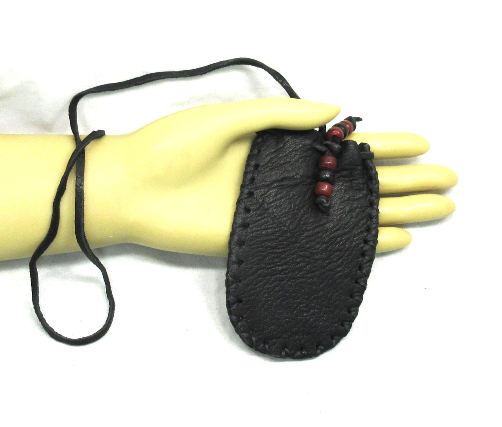 Native American Black Leather Pouch, Red/Black Beads, Cherokee Made, COA #723