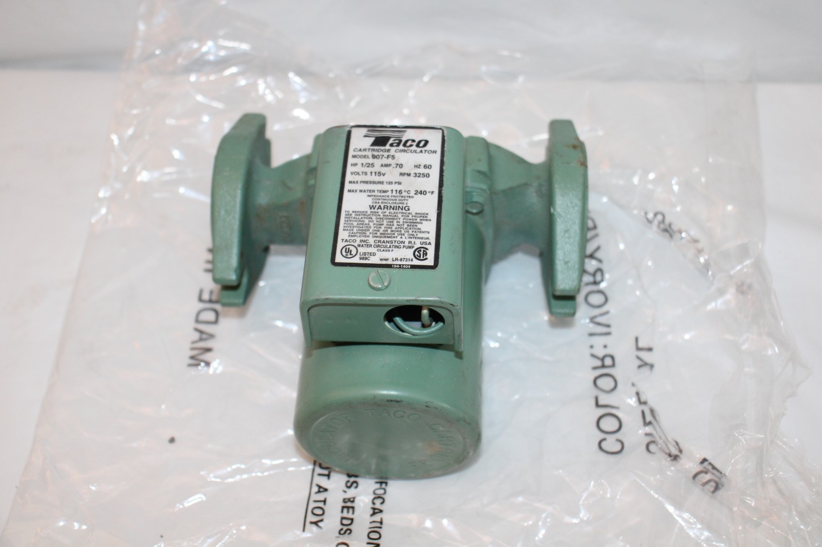 Taco 007-F5 Cartridge Circulator 1/25 HP .70 AMP 60 HZ 115V "NEW"