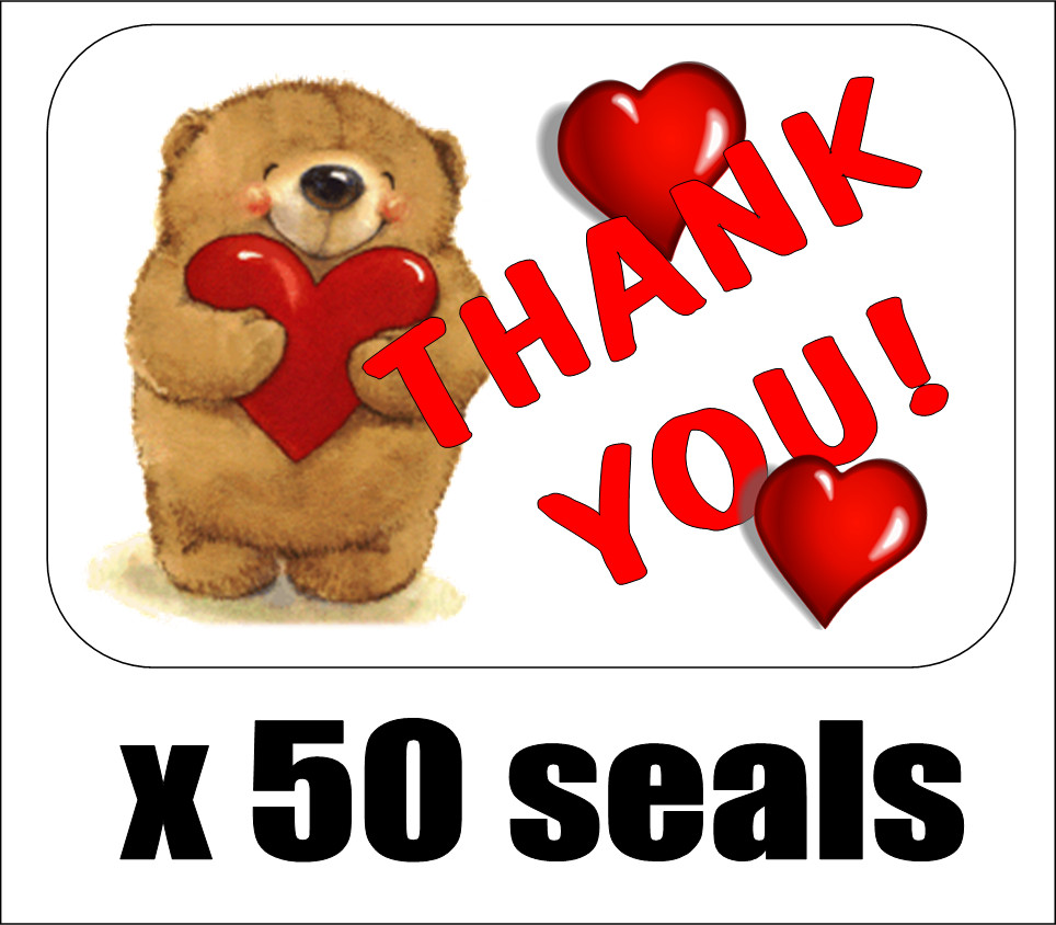 50 Cartoon Bear w/ Hearts Thank You Envelope Seals /Labels / Stickers, 1" x 1.5"