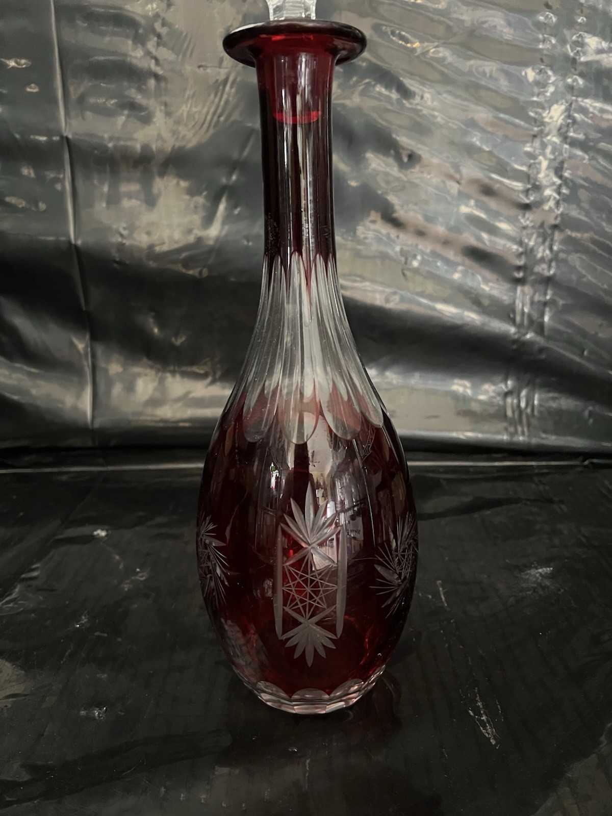 VINTAGE Ruby Red Cut to Clear Crystal Decanter [725]