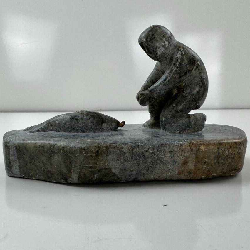 Alaskan Native Vtg Soapstone Tableau Seal & Hunter Contemporary Green Variegated