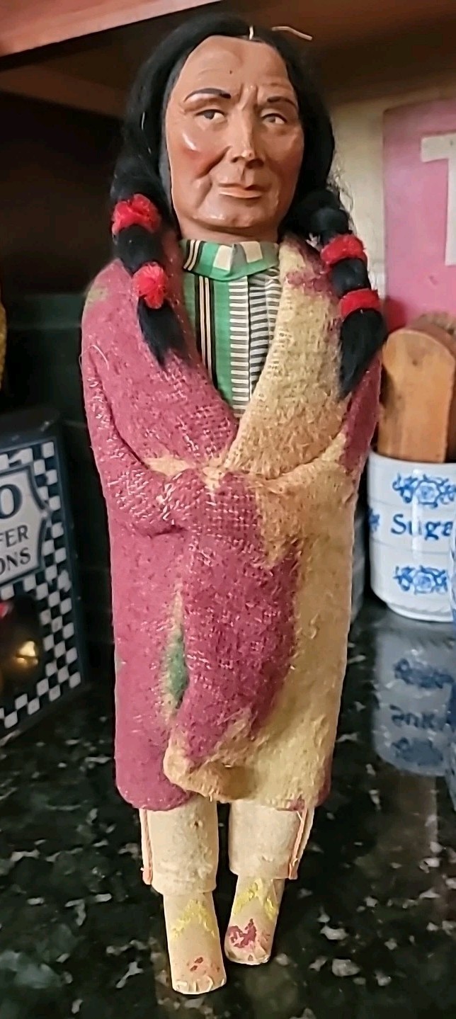 Antique Skookum Doll Early Paint Face Wool Straw Stuffed Mohair Wood Legs 15 1/2