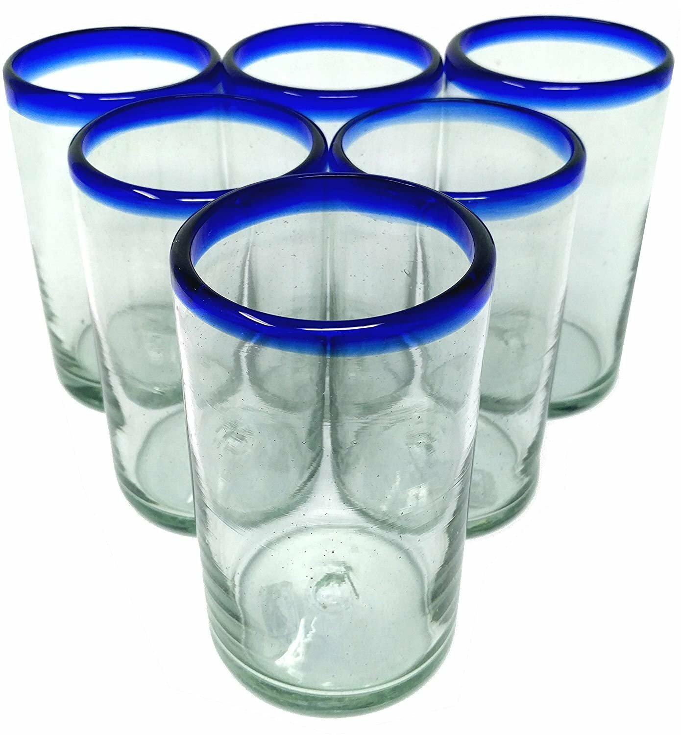 Hand Blown Mexican Drinking Glasses – Set of 6 Glasses with Cobalt Blue Rims...