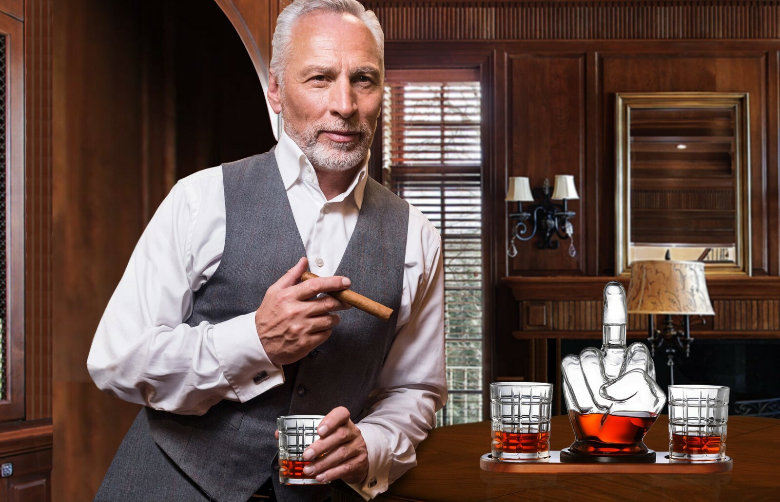 The Diamond Glassware Middle Finger Whiskey Decanter Set.