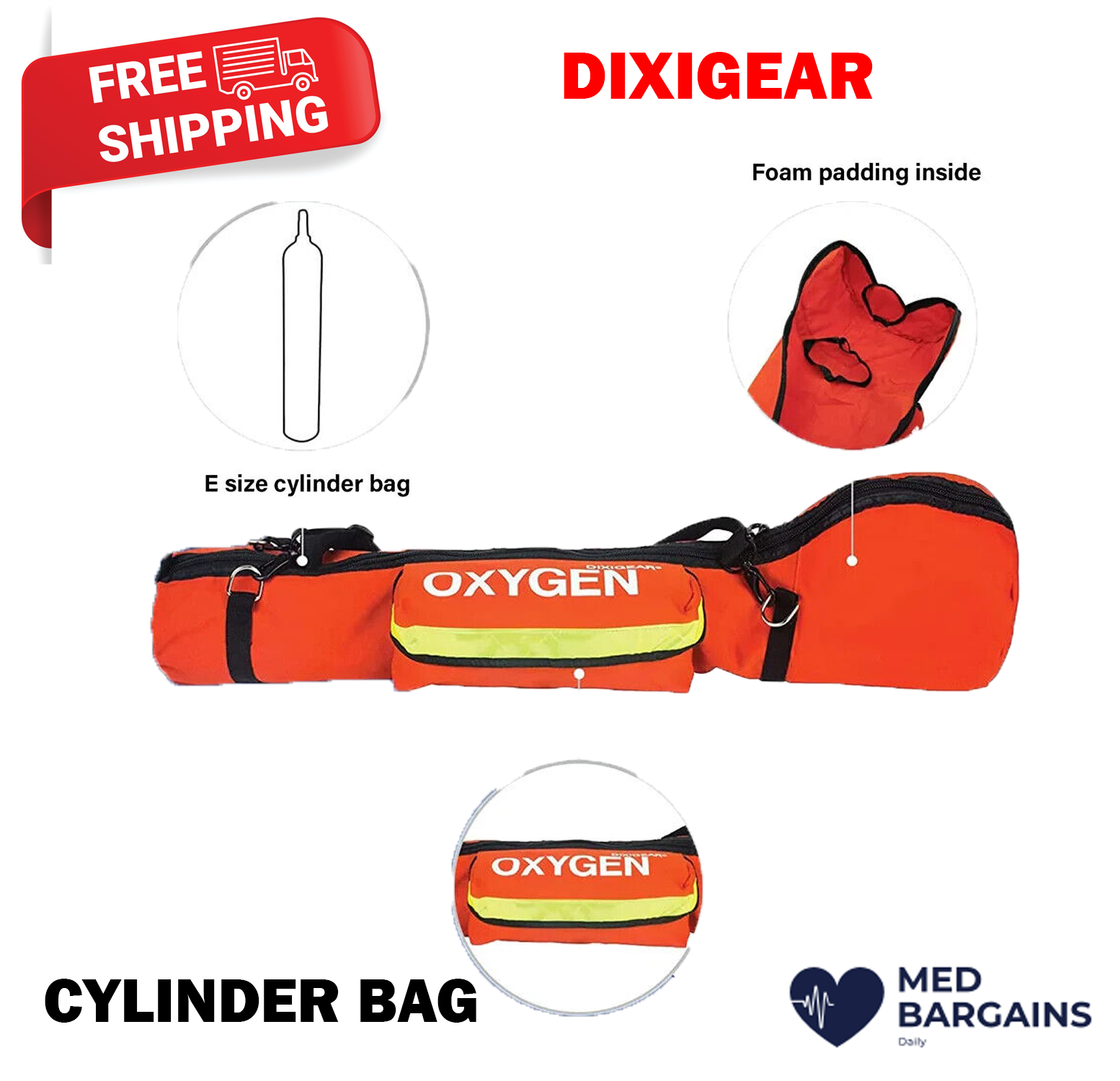 DIXIGEAR - E SIZE Padded Oxygen O2 Carry Bag for Cylinder Oxygen Tank - Orange