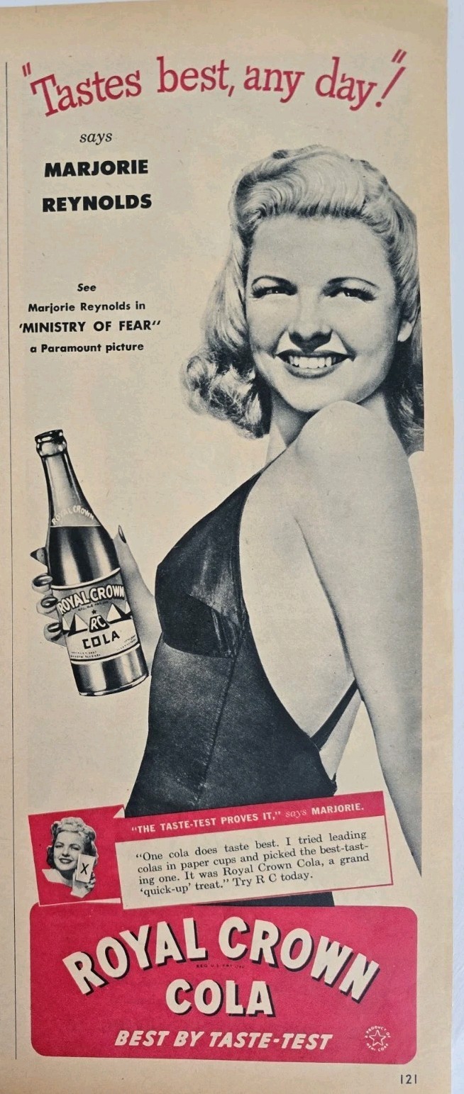 1945 Royal Crown Cola Soda Marjorie Reynolds swimsuit vintage Ad