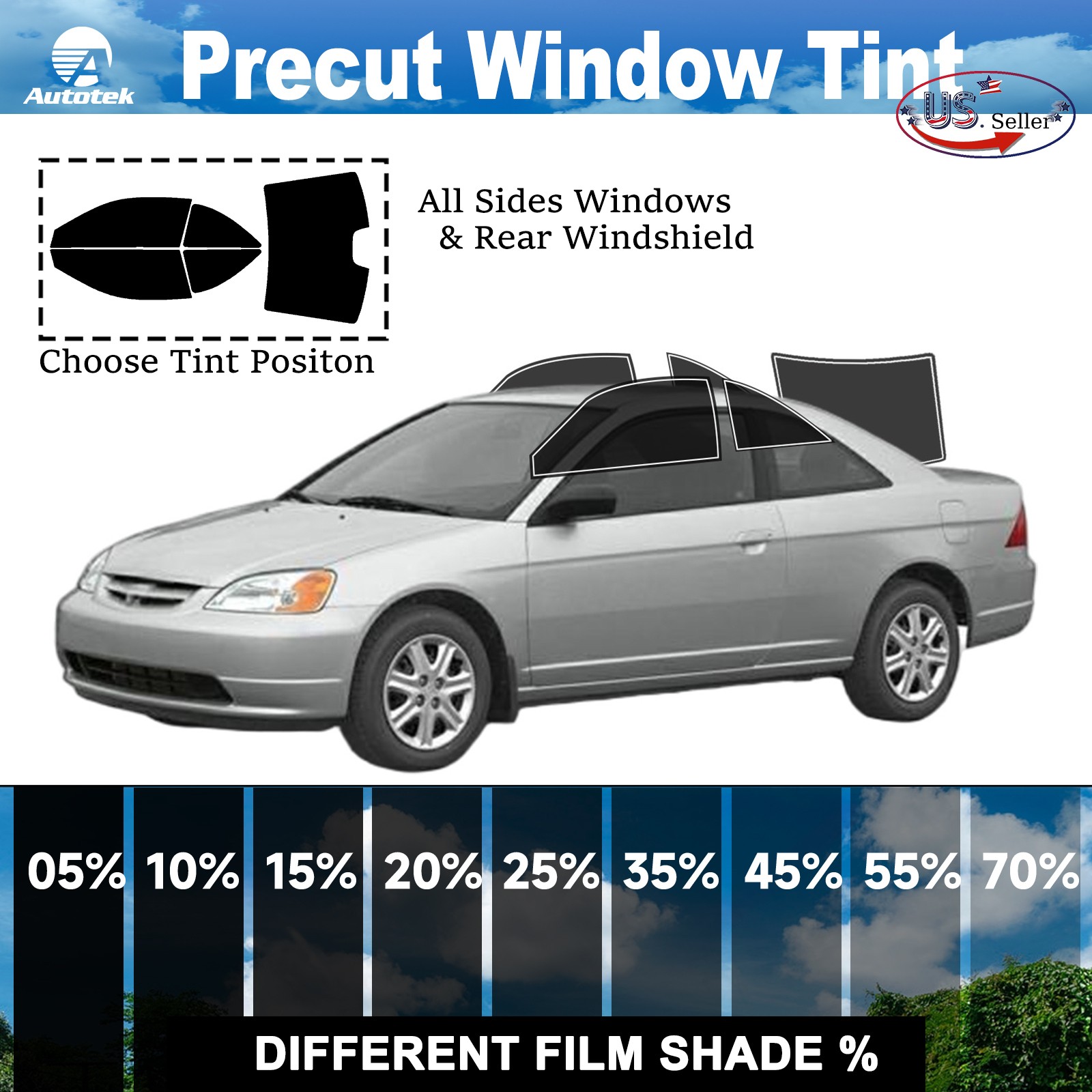 PreCut All Sides Window Film Any Tint Shade For Honda Civic Coupe 2001-2005