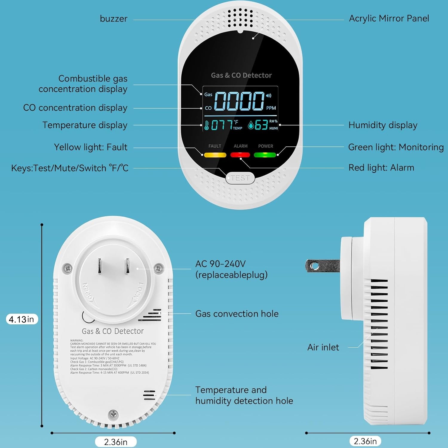 4-in-1 Portable Carbon Monoxide Detectors Plug in – Natural Gas Leak Detector