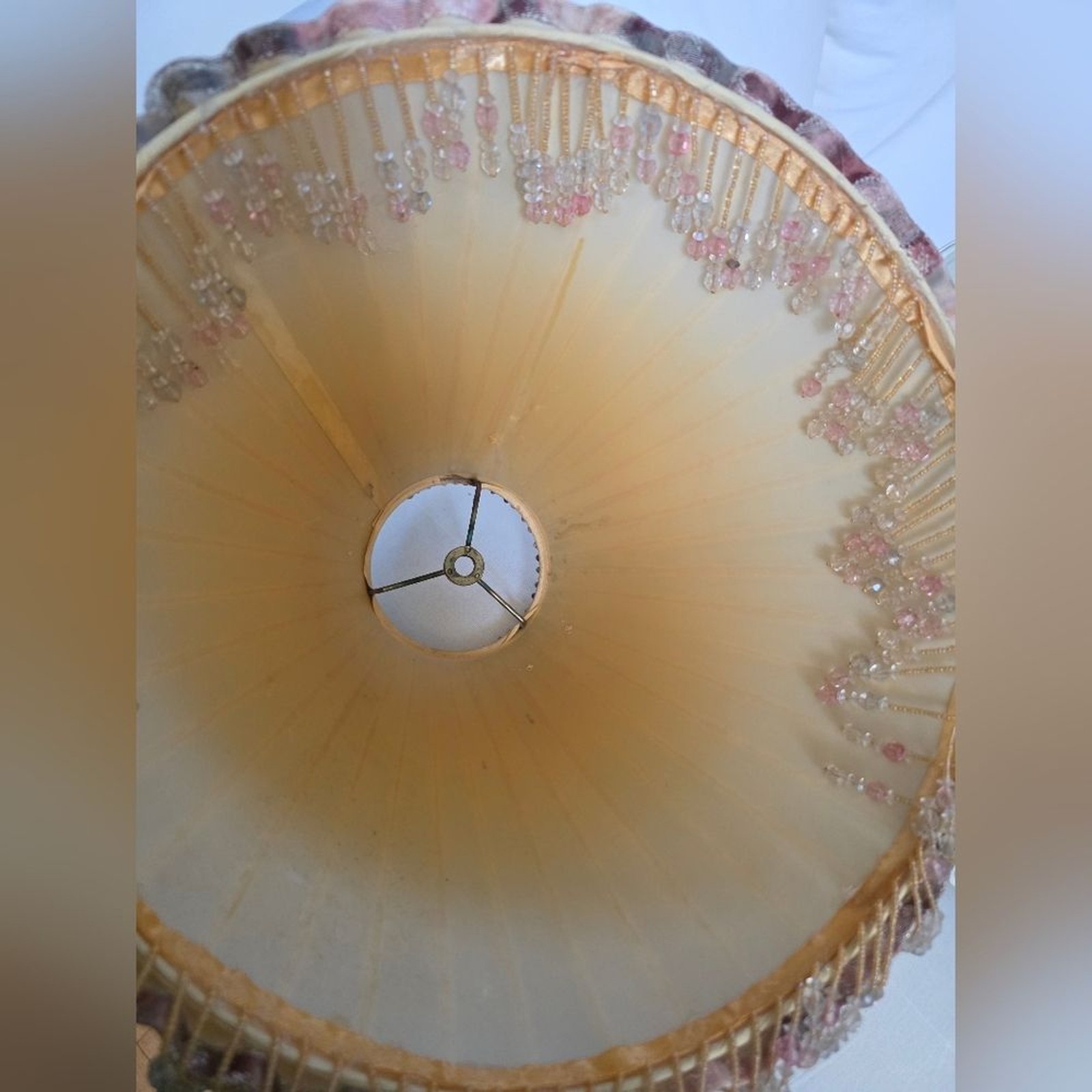 Vtg Threshold Home Brand Champagne Bell Lamp Shade Pleated Fabric Beaded Fringe