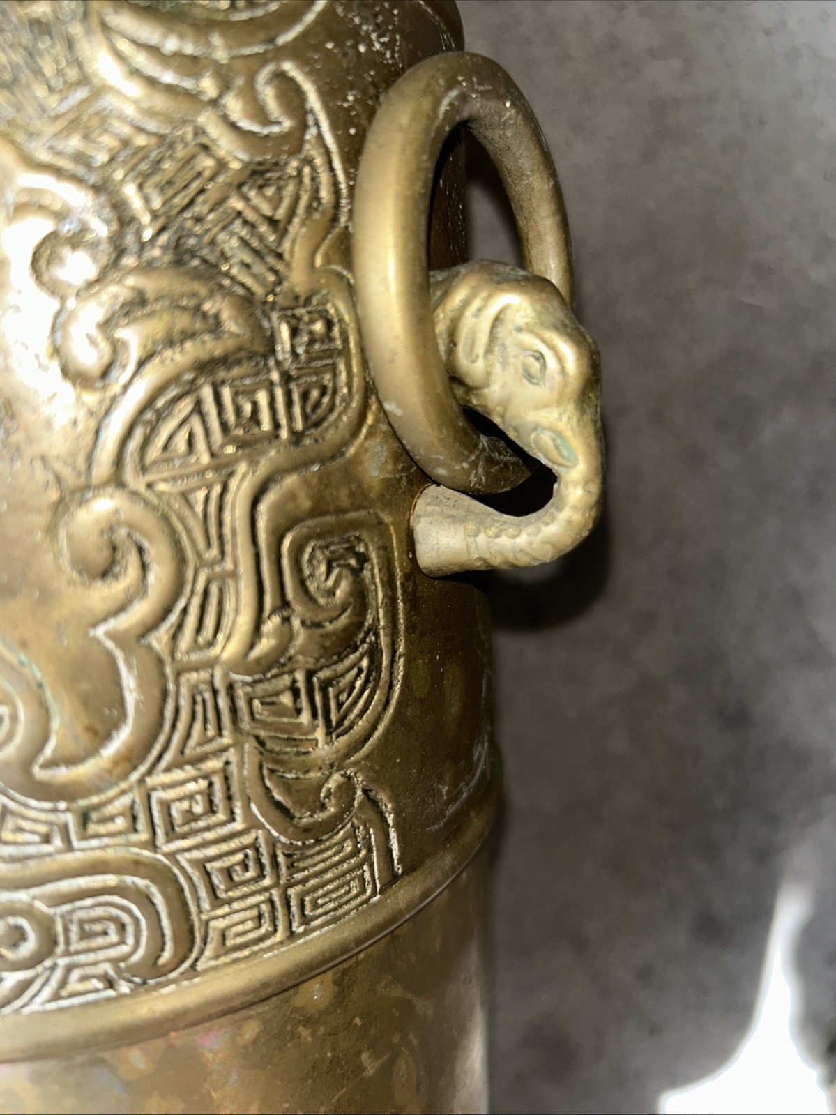 19.5” Vintage Brass Umbrella Cane Holder Gargoyle Head Handles Etched Elephants