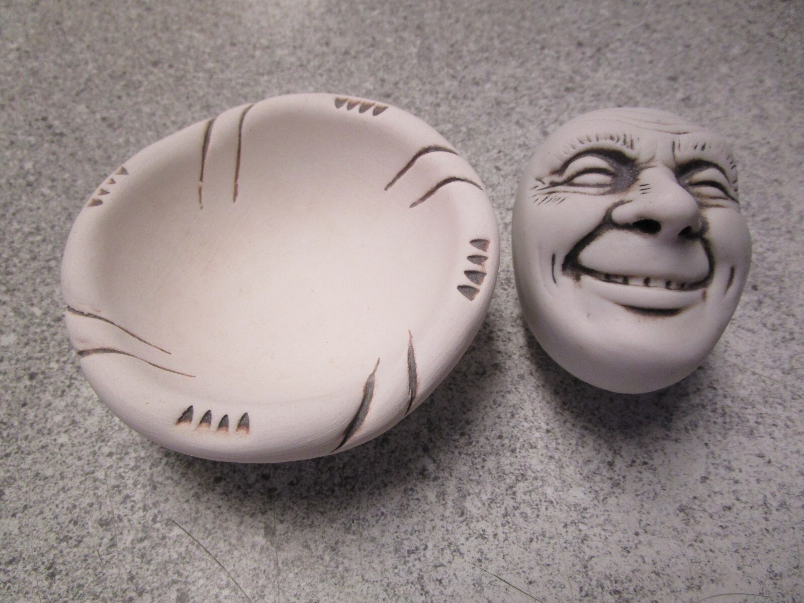 VTG 90s NOS Creepy Face MORTAR PESTLE set head pottery clay craft freaky oddity